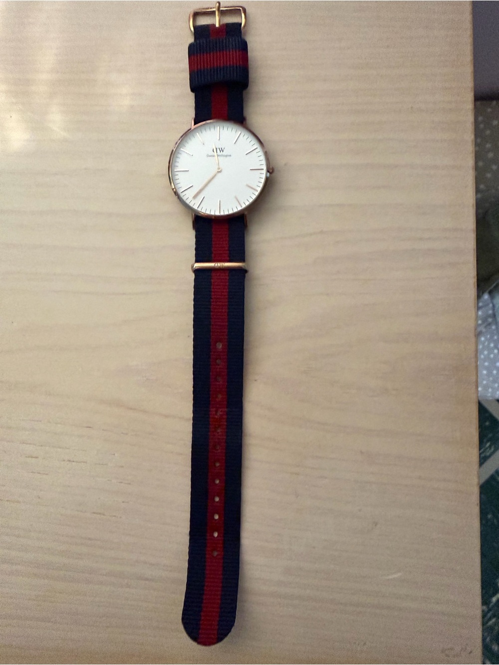 Daniel Wellington White Dial Watch with Navy and Red Stripe Strap